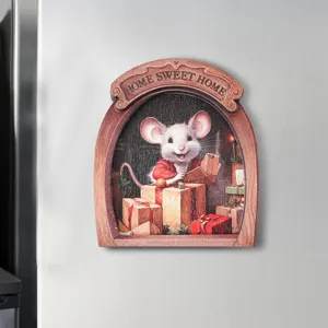 Christmas mouse wooden fridge magnet 3d cute animal home decor magnetic sticker for kitchen