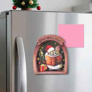 Wooden magnetic fridge sticker featuring a cute Christmas mouse reading book for home decor.