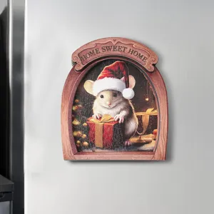 Wooden Christmas mouse hole fridge magnet, cute 3D holiday refrigerator decor sticker for home.