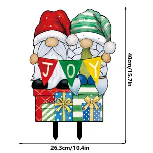 Christmas gnome garden stake with LED light holes and festive gift box design, 40x26.3cm.