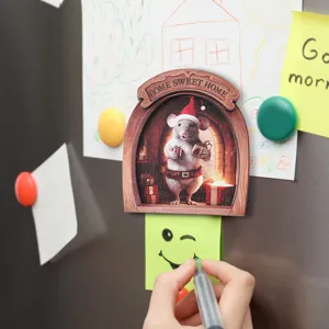 Wooden Christmas mouse hole fridge magnet, cute festive magnetic sticker for home decor detail.
