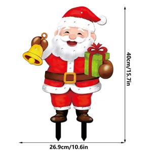 Christmas Santa Claus garden stake detail display featuring exact dimensions and holiday decor.