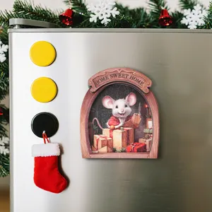 Wooden magnetic fridge magnet with 3D Christmas mouse hole design, cute home decor item.