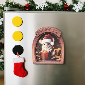 Wooden Christmas mouse fridge magnet with cute Santa hat and arch window holiday decor