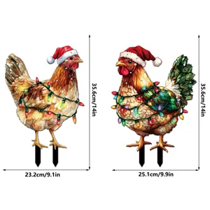 Estaca de jardín de pollo de Navidad decoración de patio con sombrero de Papá Noel.