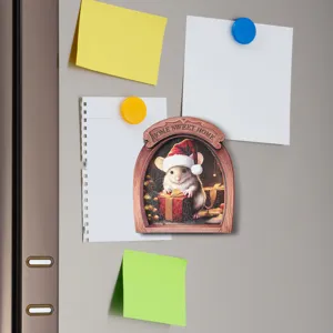 Wooden Christmas mouse fridge magnet with wood frame design for home kitchen refrigerator decor.