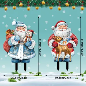 Detailed view of Christmas yard stake dimensions, festive Santa Claus garden decoration figures.