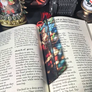 Christmas transparent acrylic bookmark for students, clear stained glass Santa Claus design.