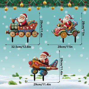 Christmas garden stake details showing Santa train, car, and plane sizes with snowflake background.