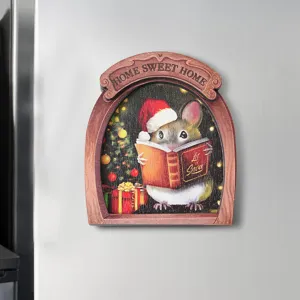 Wooden photo frame magnetic fridge magnet Christmas mouse hole 3D sticker for home decor.