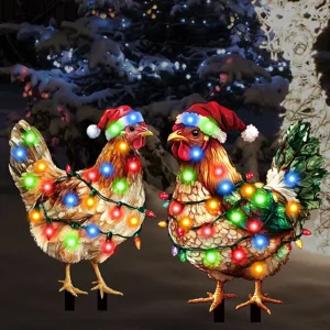 Estaca de jardín de gallina navideña luminosa decoración de césped con gorro de Papá Noel.
