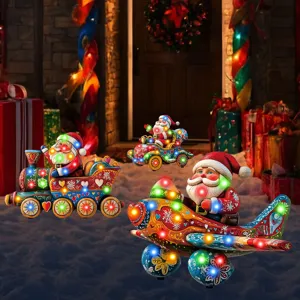 Christmas lighted garden stake set featuring Santa train, car and airplane for outdoor decor.