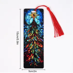 Christmas transparent acrylic bookmark with red tassel stained glass style page marker
