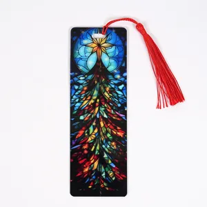 Christmas transparent acrylic bookmark with red tassel, 1mm slim stationery item for readers.