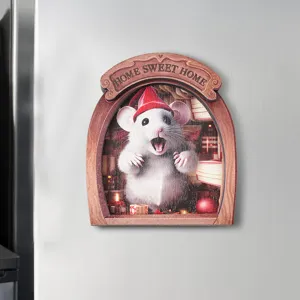 Wooden photo frame magnetic fridge sticker with a cute 3D Christmas mouse hole design for home decor.