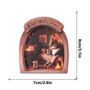 Wooden mouse hole fridge magnet, arched photo frame design with warm family scene, 8x7cm.
