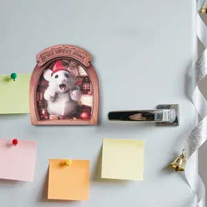 Wooden fridge magnet with 3D Christmas mouse hole design, cute home decor accessory.