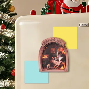 Detailed view of the Christmas wooden mouse hole fridge magnet, showcasing cozy miniature scene.