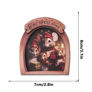 Christmas wooden mouse fridge magnet detail, cute animal family decor, 8x7cm size piece