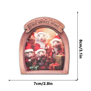 Wooden Christmas mouse fridge magnet detail view, cute animal design, 8x7cm decorative sign.