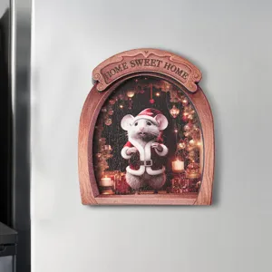 Detailed view of wooden Christmas mouse fridge magnet, cozy mouse hole design, magnetic decor.