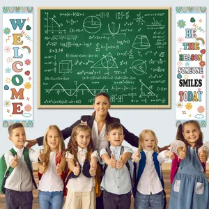 Back to school classroom decoration banner detail scene, colorful welcome signs and students.