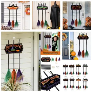 Halloween Witch Broom Parking Sign Hanging Wooden Pendant Horror Party Home Wall Door Indoor Outdoor Festival Decoration