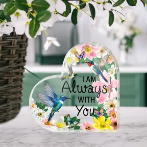 Hart acryl plaquette detail, kolibrie bloemmotief, heldere decoratieve geschenk display stand.