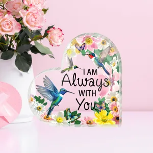 3D acryl hart plaquette tafeldisplay met kolibrie en bloemmotief voor Valentijn cadeau
