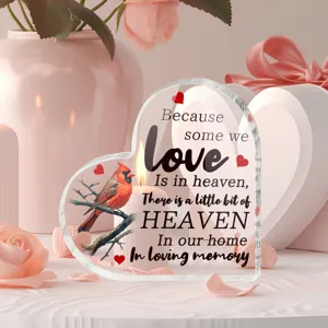 Acryl hart herdenkingsplaat met kardinaalvogel en liefdevolle herinneringscitaat voor thuis