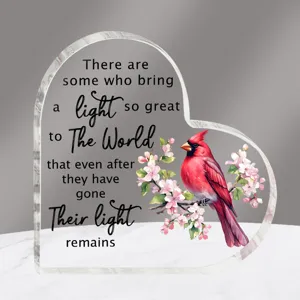 Prachtig hart acryl ornament bureau plaque cadeau met rode kardinaal vogel en tekst.