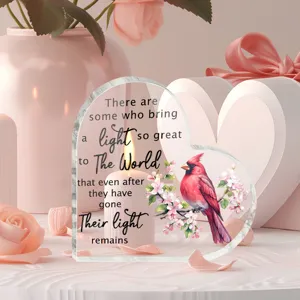 Transparant acryl hart plaquette met kardinaal vogel en inspirerende citaat cadeau.