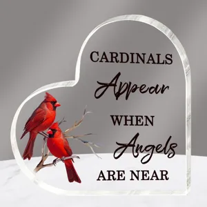 Acryl hart ornament bureau decoratie kristal cadeau met kardinaal vogels en inspirerende tekst