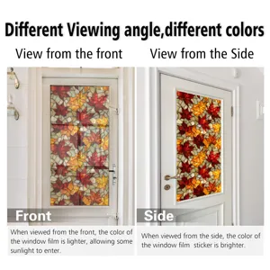 Maple leaf stained glass window film detail showing different viewing angle colors and light effect.