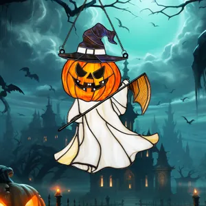 Halloween Pumpkin Ghost Stained Glass Hanging Ornament Spooky Festival Decor Wall Art