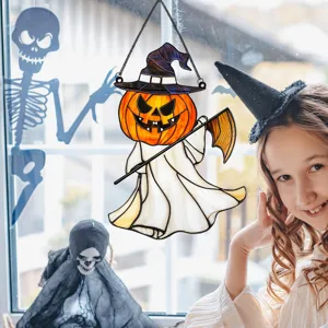 Halloween stained glass pumpkin reaper window hanging detail with witch hat decoration.