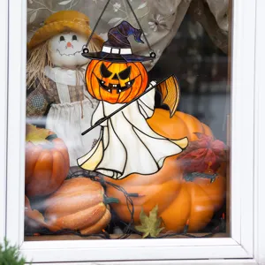 Halloween stained glass ghost pumpkin detail showing exquisite festival decor atmosphere.