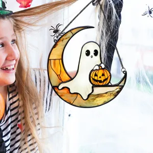 Halloween stained glass ghost moon hanging ornament detail shot for indoor seasonal decor