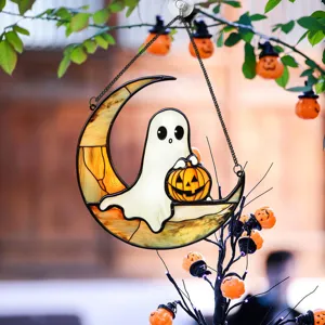 Halloween metal hanging decor featuring ghost and pumpkin moon design for home festival.