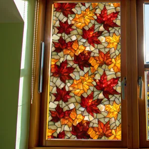Autumn maple leaves stained glass window film, static cling PVC glass sticker for home decor.