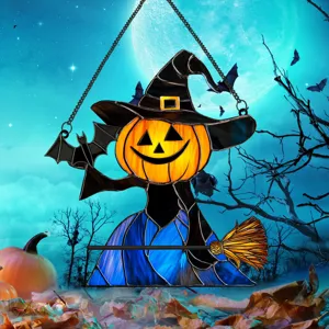 Halloween pumpkin witch hanging decoration, stained glass iron craft for home wall decor.