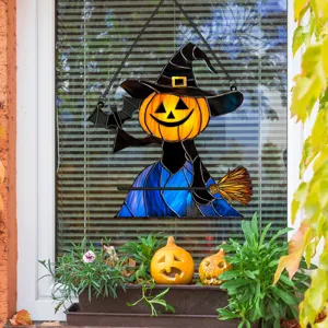 Halloween metal hanging decoration, spooky pumpkin witch wall art pendant for holiday home decor.