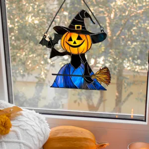 Halloween pumpkin witch stained glass window hanging decoration for home decor party.