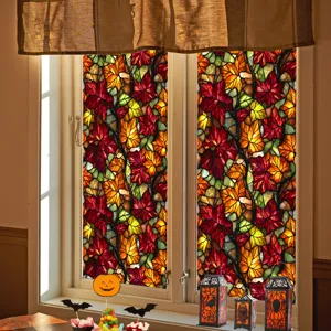 Detailed scene of stained glass autumn maple leaves window film applied on home window.