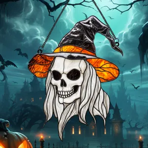 Halloween skull witch hat hanging pendant, spooky wall decor detail for holiday party setting.