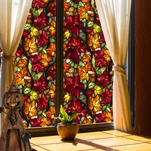Autumn maple leaf stained glass window film, decorative home privacy glass sticker.