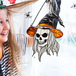 Halloween stained glass skull witch hat hanging ornament for window wall home holiday decor
