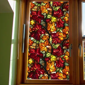 Autumn maple leaf stained glass window film, static cling PVC privacy sticker for home decor.