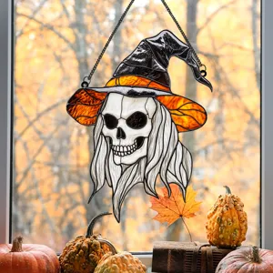Halloween stained glass skull witch hanging decoration, spooky window ornament for autumn party.