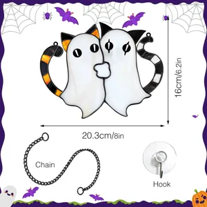 Halloween cat ghost stained glass suncatcher detail view with hanging chain and suction hook.